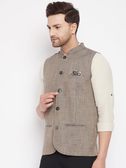 Men's Brown Color Woven Nehru Jacket