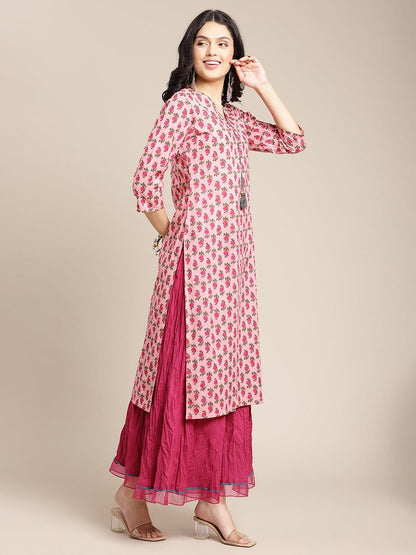 Women's Pink Floral Printed Kurta With Hanwork Detailing On Yoke