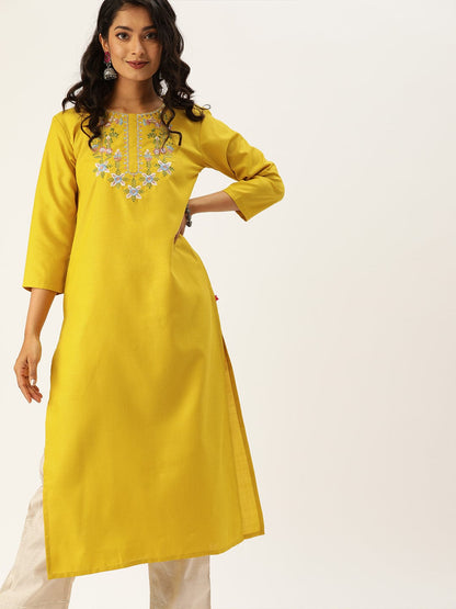 Women's Mustard Yellow Floral Yoke Embroidered Straight Kurta