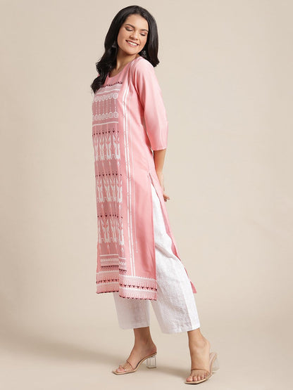 Women's KSUT Pink And White Geometric Printed Straight Kurta With 3/4Th Sleeves