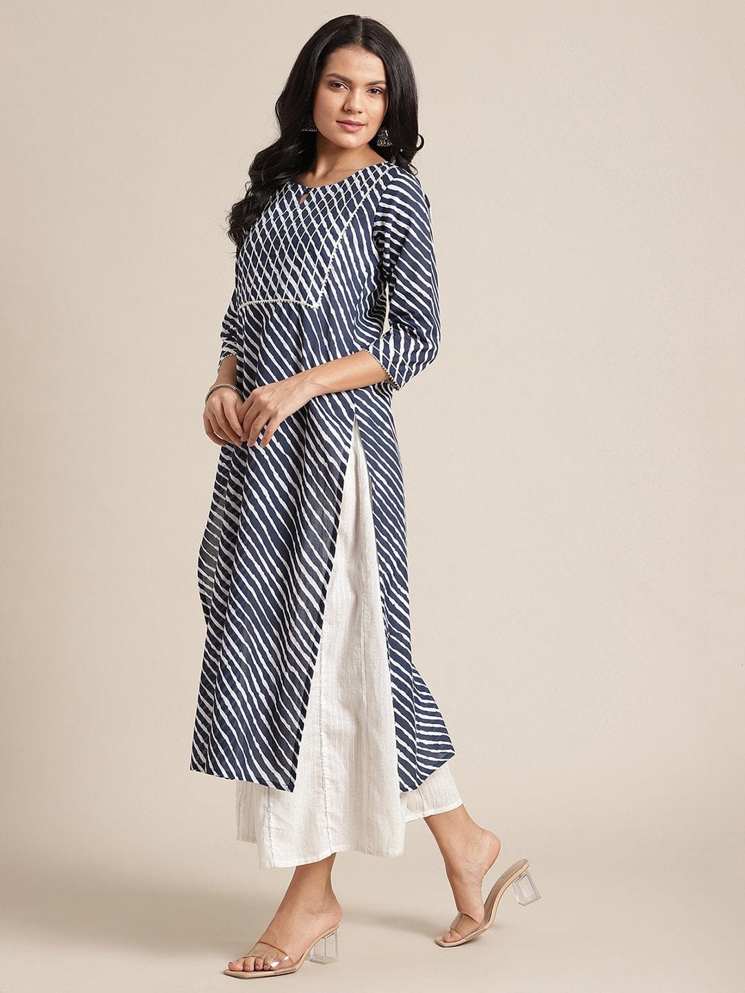 Women's Navy Blue Leheriya Printed Kurta With Gota Embellished  Yoke And Sleeves