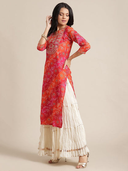 Women's KSUT Pink And Orange  Bandhani Zari Embroidery Kurta With Gota Embellished Sleeves
