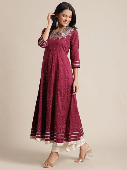 Women's Burgundy Anarkali Kurta With Zari Embroidery On Yoke And Embellished Sleeves