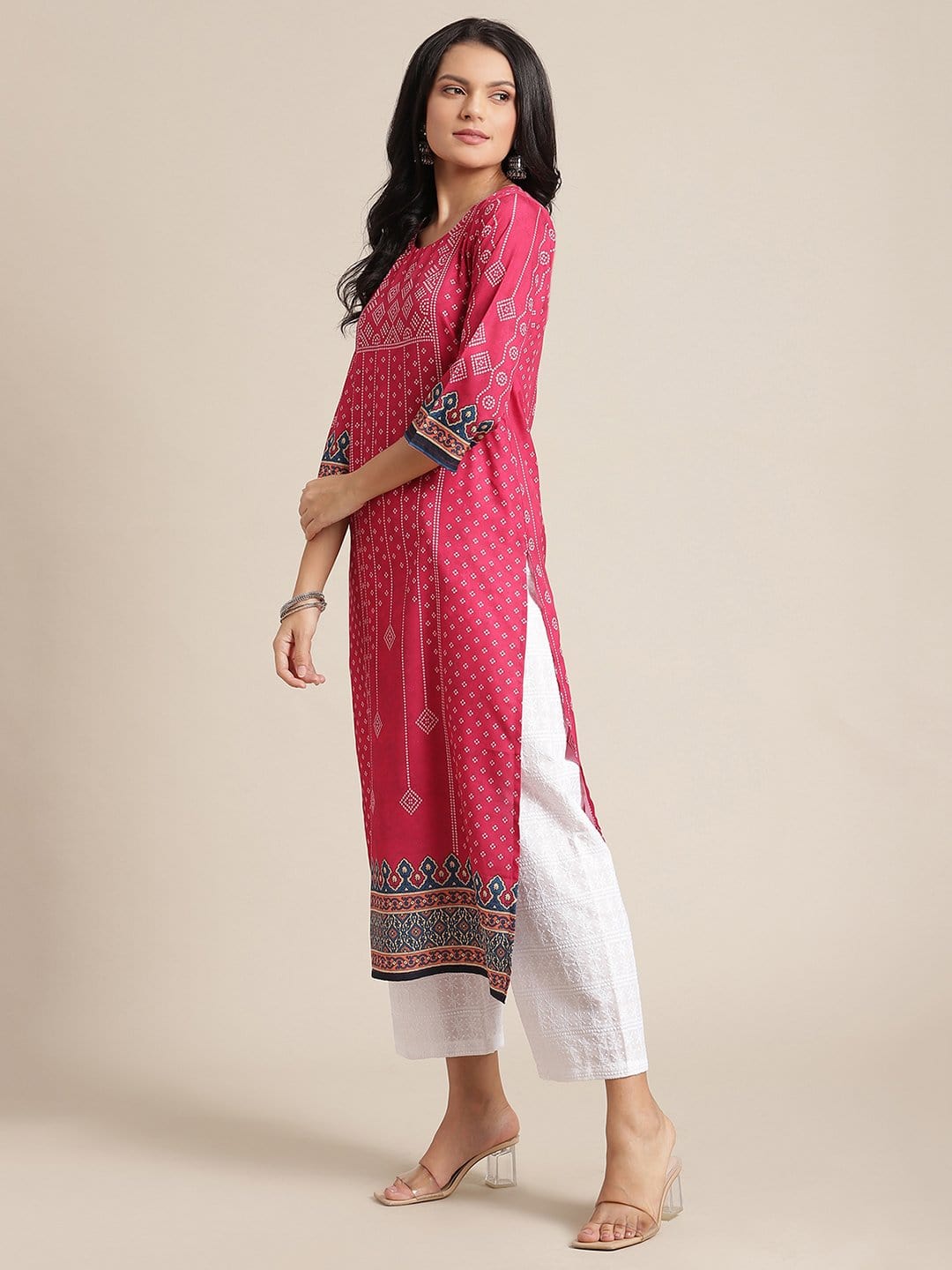 Women's KSUT Pink And Cream Bandhani Printed Straight Kurta With 3/4Th Sleeves