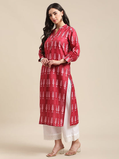 Women's Rust Ikat Printed Kurta With Puffed Sleeves