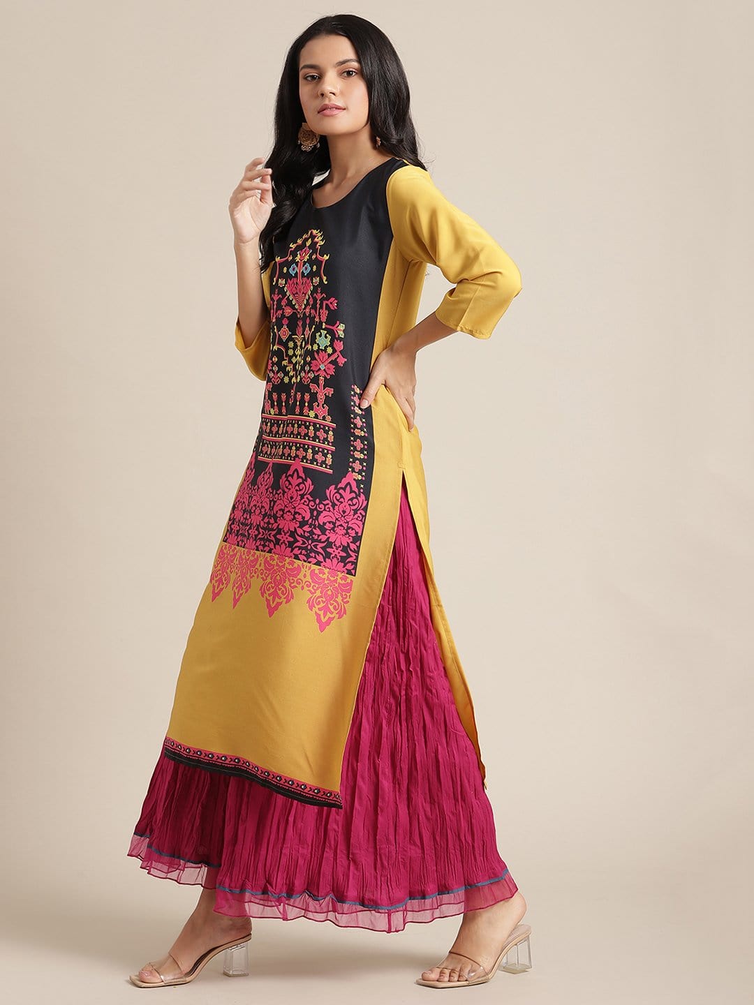 Women's KSUT Yellow And Black Abstract Printed Straight Kurta With 3/4Th Sleeves