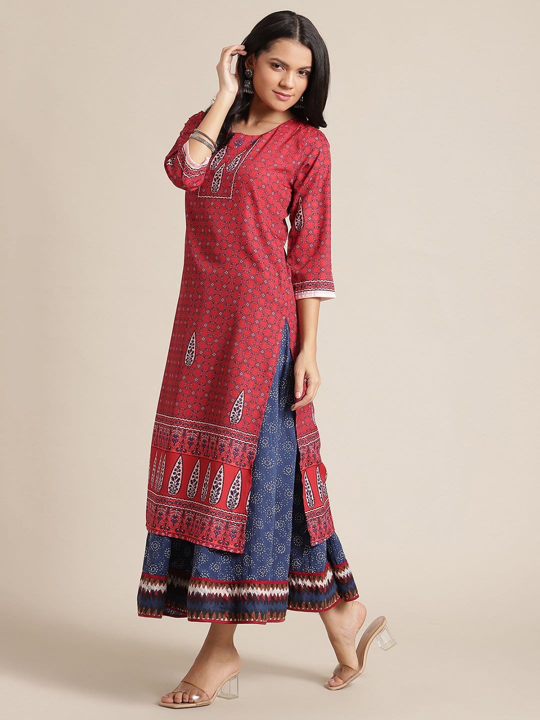 Women's KSUT Red And Blue Floral Printed Straight Kurta With 3/4Th Sleeves