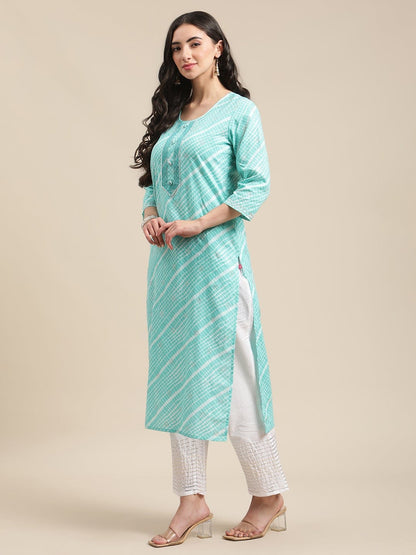 Women's Blue And White Leheriya Striped Kurta With Gota And Thread Embroidery On Yoke