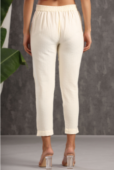 Women's Ivory Cotton Dobby Straight Pants
