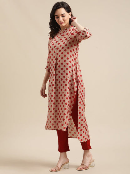 Women's Rust And Beige Polka Dot Printed High -Low Kurta