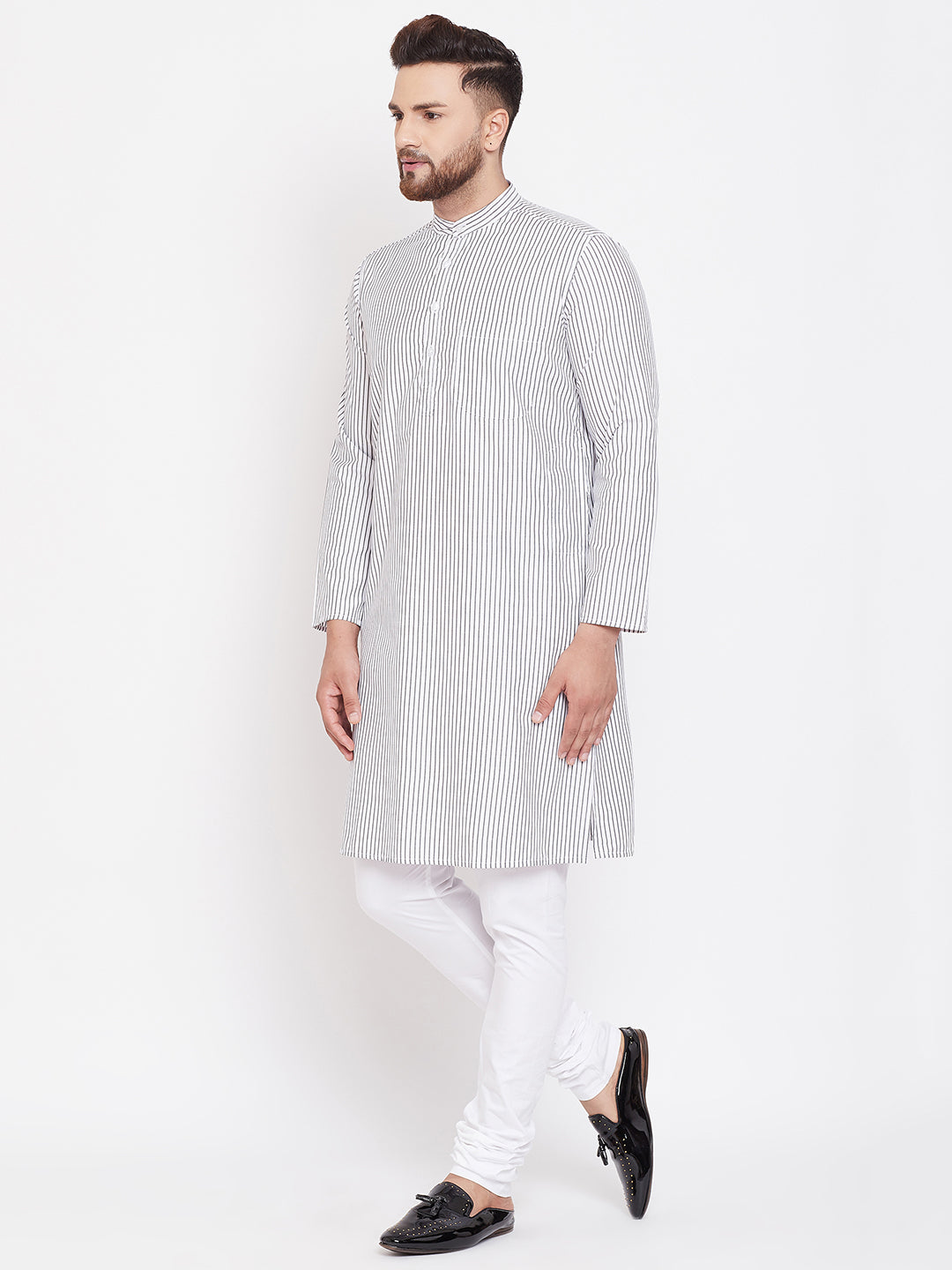 Men's Cotton White Striped Kurta