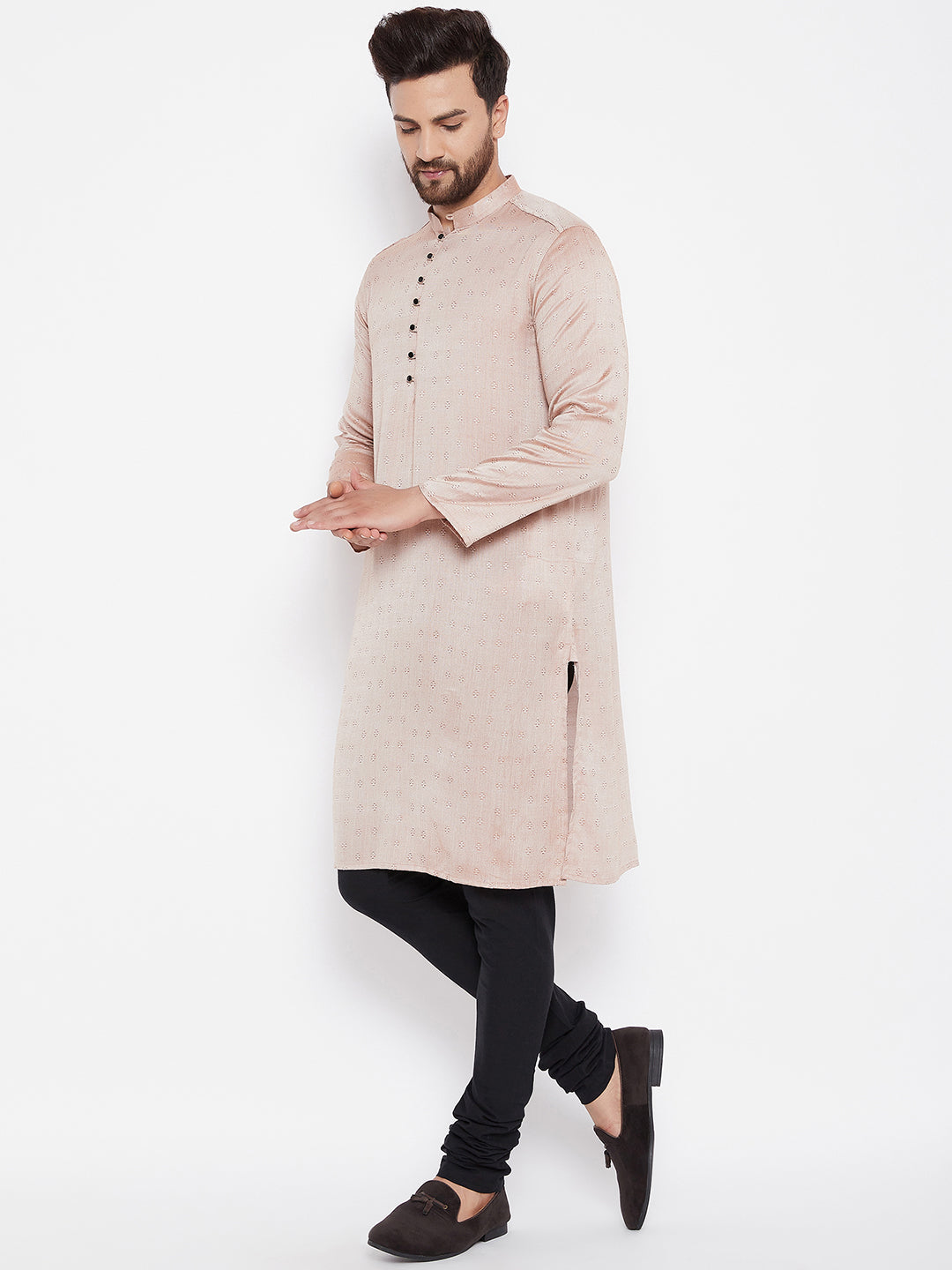 Men's Woven Design Off Beige Straight Kurta
