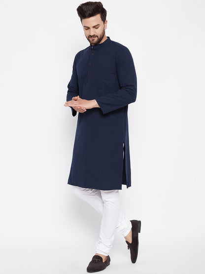 Men's Cotton Self Striped Blue Kurta