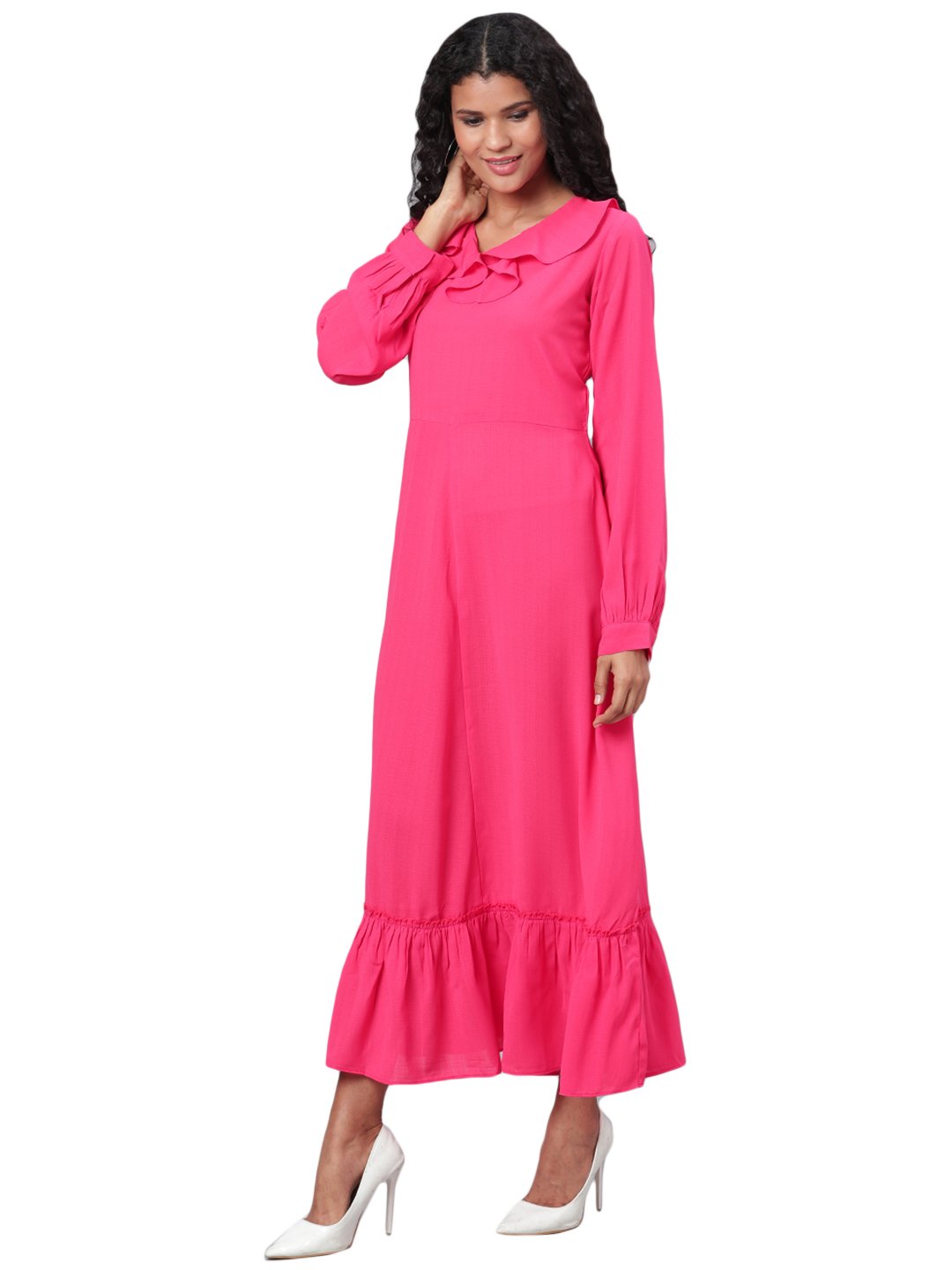 Women's Pink Solid Full Sleeve Polyester V Neck Casual Dress