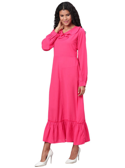Women's Pink Solid Full Sleeve Polyester V Neck Casual Dress