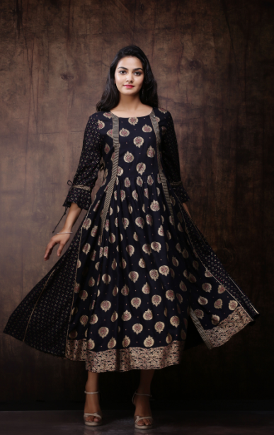 Women's Black Rayon Printed Jacket Style Kurta Dress1