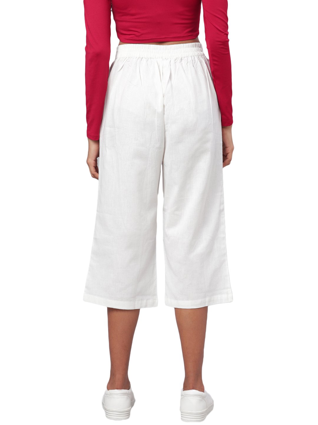 Women White Solid Cotton Trouser by Myshka