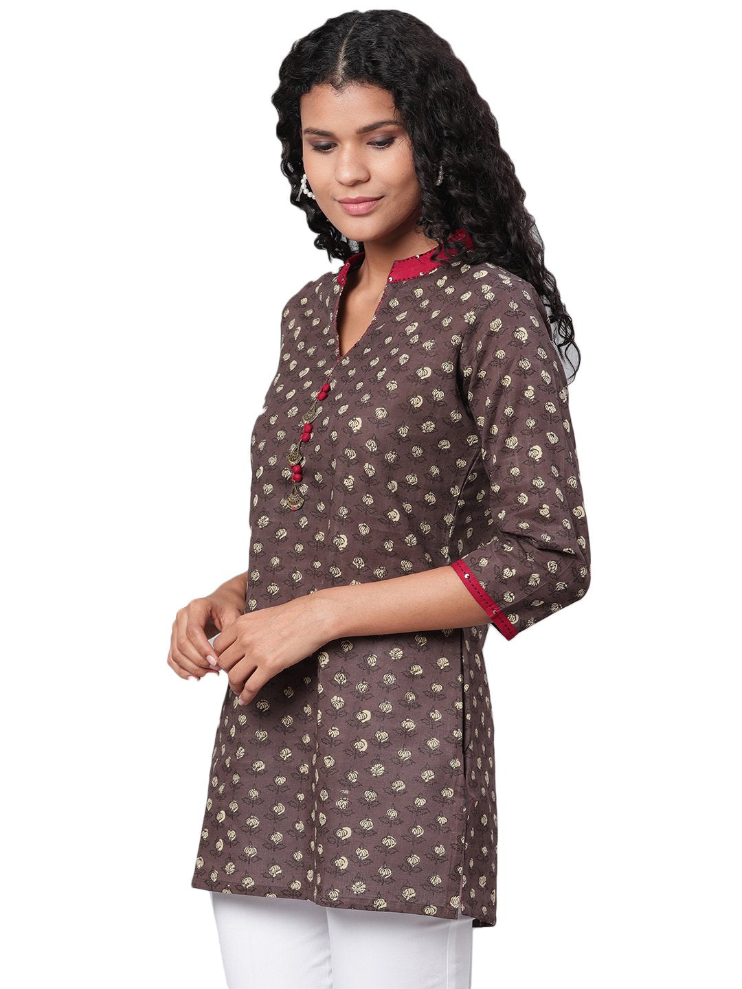 Women Brown Printed Cotton Kurta by Myshka (