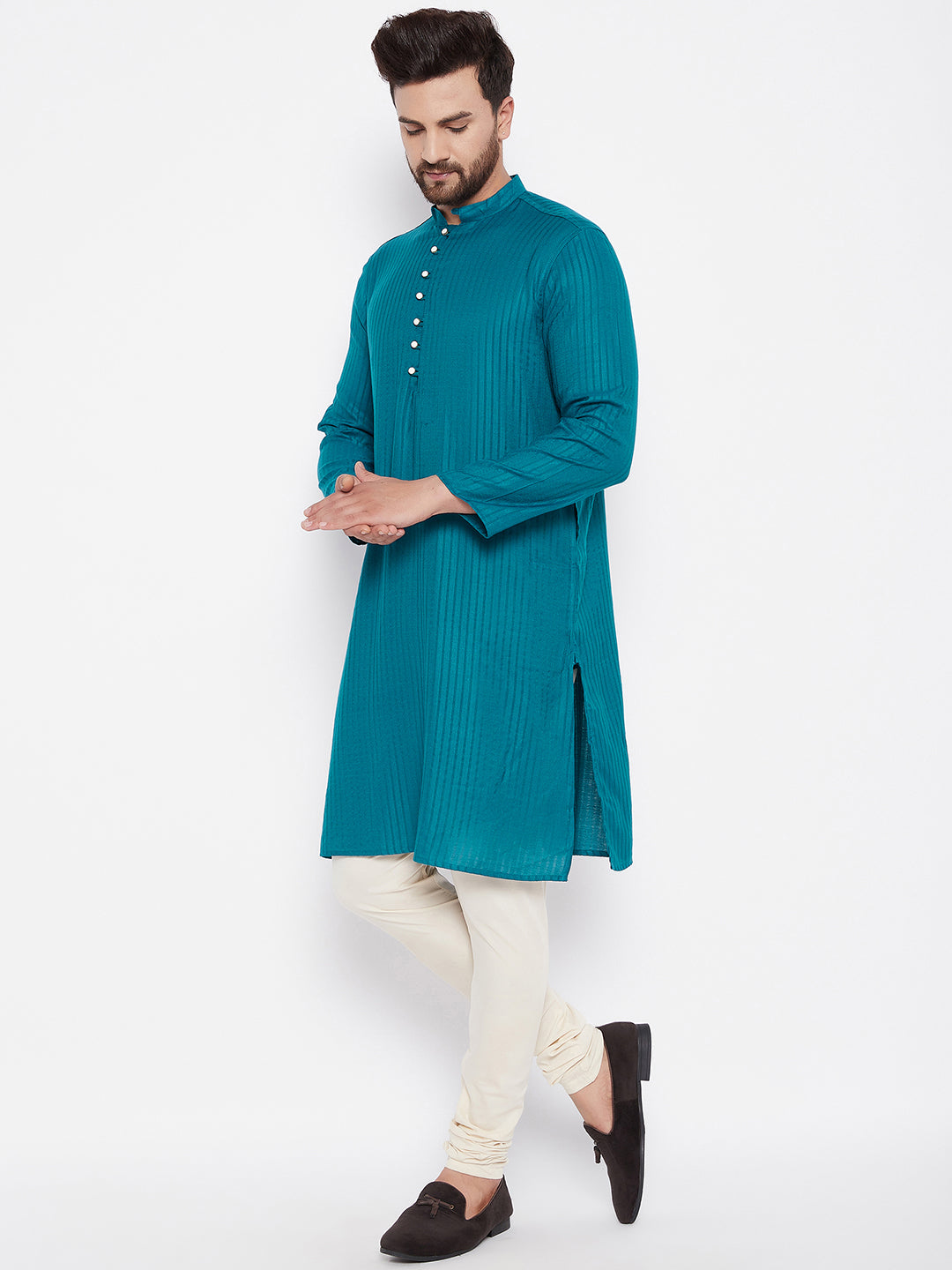 Men's Woven Design Blue Straight Kurta