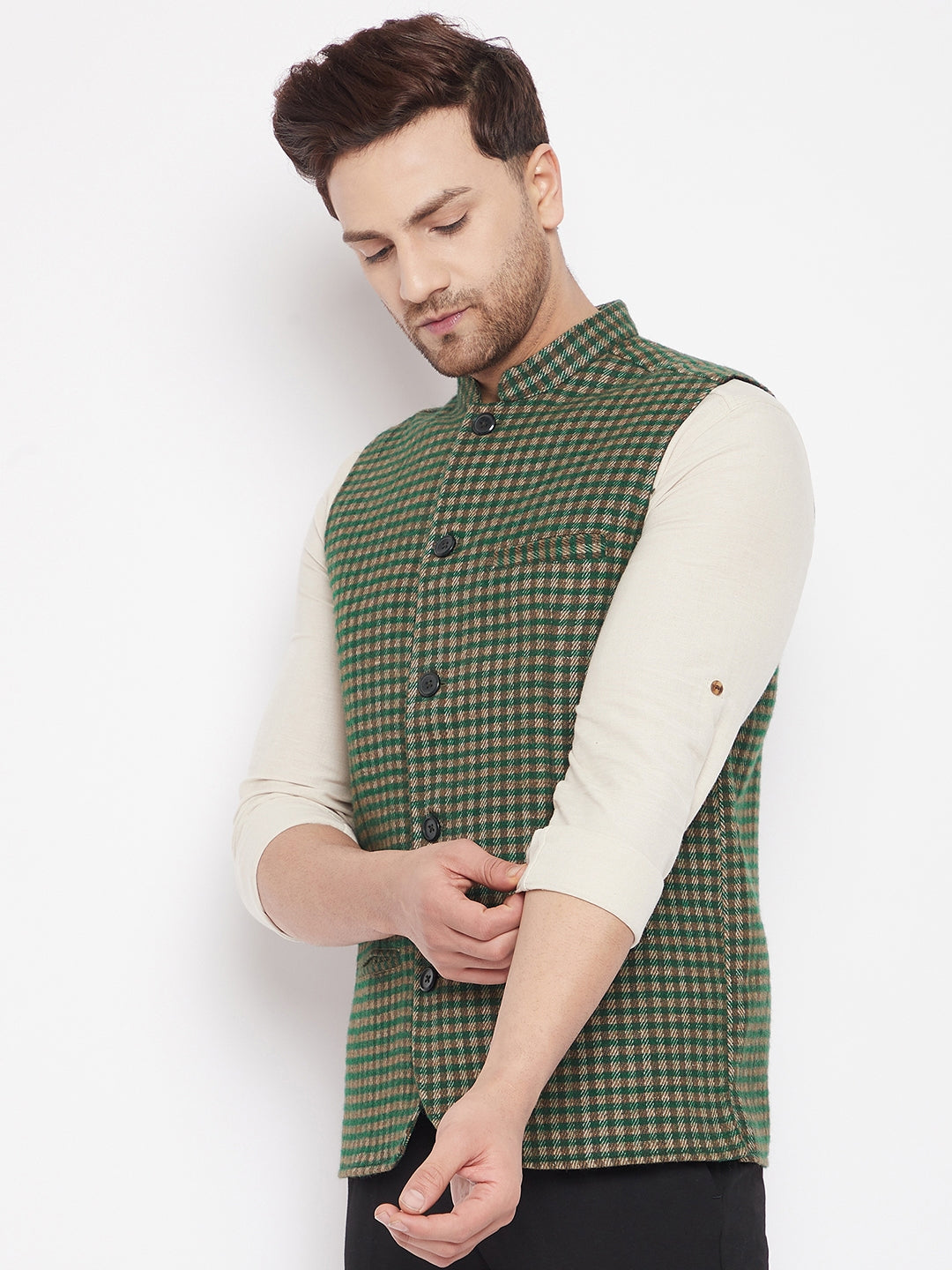 Men's Green Color Woven Nehru Jacket