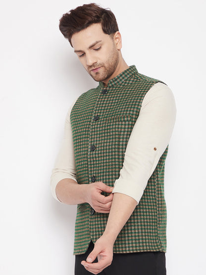 Men's Green Color Woven Nehru Jacket