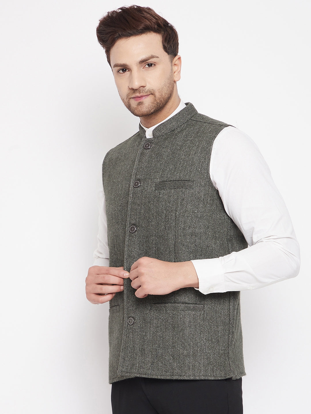Men's Green Color Woven Nehru Jacket