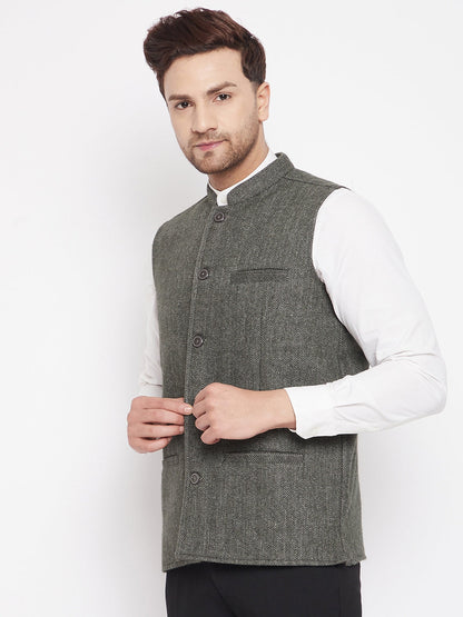 Men's Green Color Woven Nehru Jacket