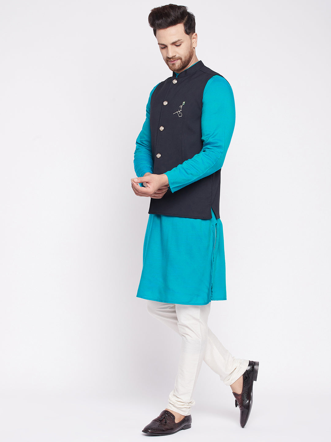 Men's Nehru Jacket With Embroided Insignia Of Lord Krishn