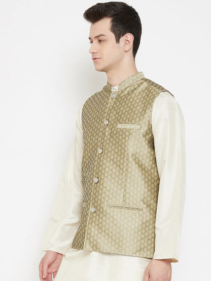 Men's Jacquard Beige Silk Nehru Jacket