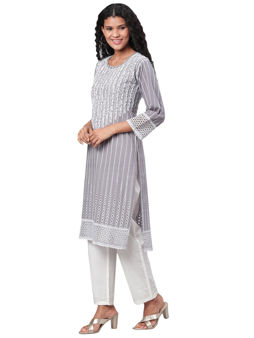 Women's Grey Embroidrey 3/4 Sleeve Cotton Round Neck Casual Kurta Only