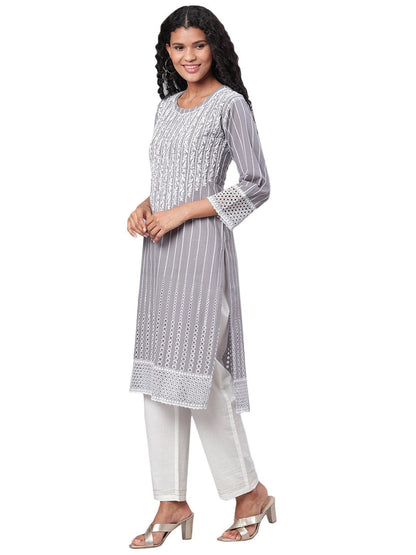 Women's Grey Embroidrey 3/4 Sleeve Cotton Round Neck Casual Kurta Only
