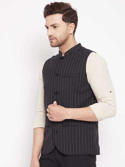 Men's Black Color Woven Nehru Jacket