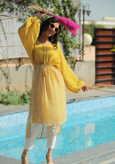 Women's Mustard Georgette Polka Print High-Low Tunic