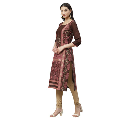 Women's Maroon Cotton Printed 3/4 Sleeve Round Neck Casual Kurta Only