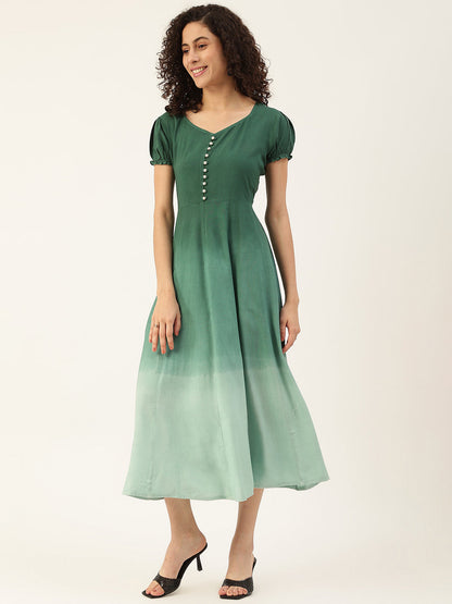 Women's Bottle Green Ombre Tie Dye Rayon Dress