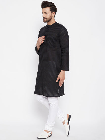 Men's Cotton Striped Black Kurta
