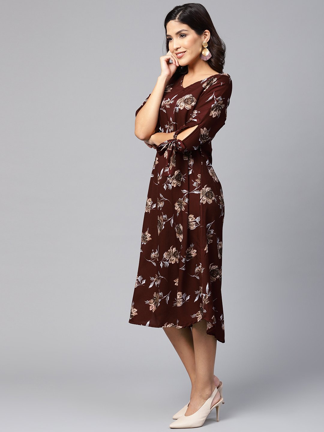 Women Maroon Printed Dress by Myshka (