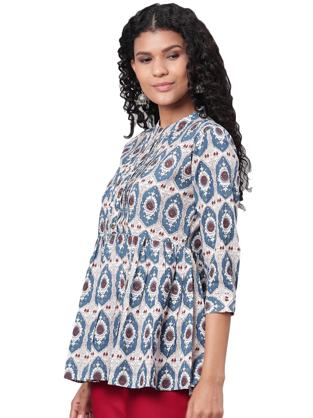 Women's Multi Printed 3/4 Sleeve Coller Neck Cotton Casual Top