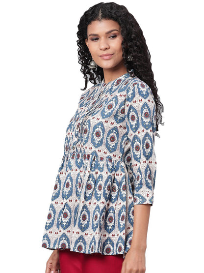 Women's Multi Printed 3/4 Sleeve Coller Neck Cotton Casual Top