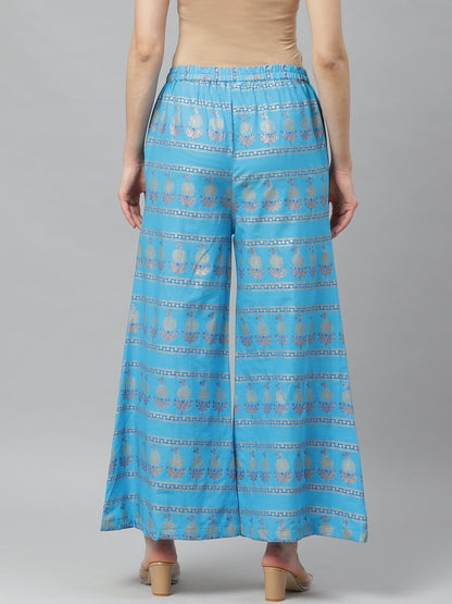 Women's Green Cotton Printed Casual Palazzo