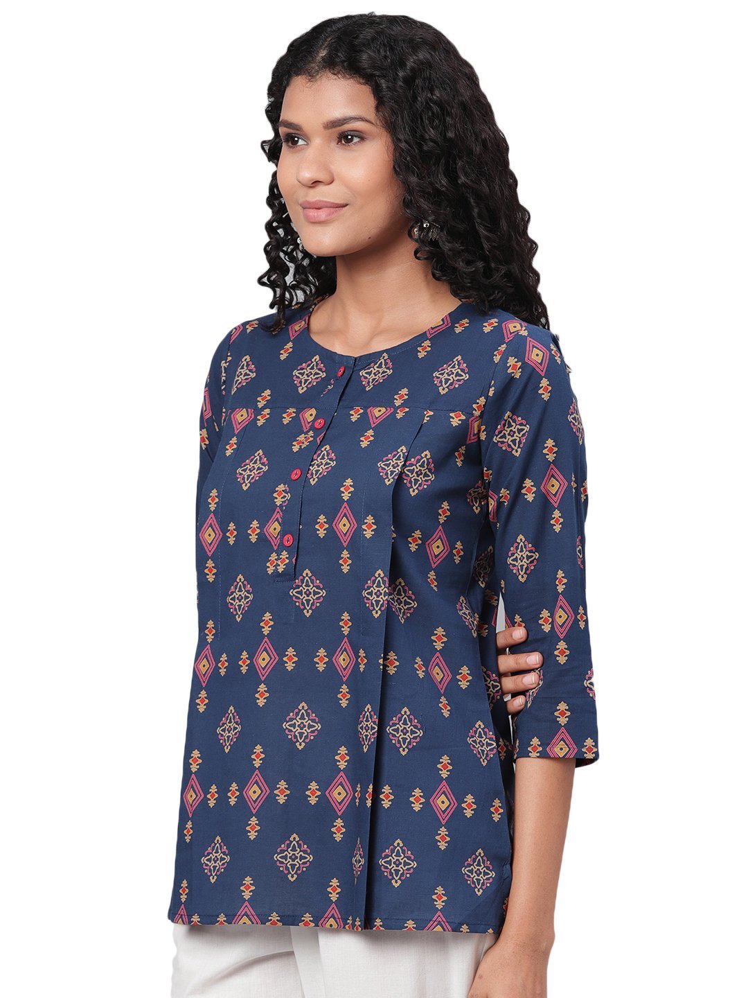Women Navy Blue Printed Cotton Top by Myshka
