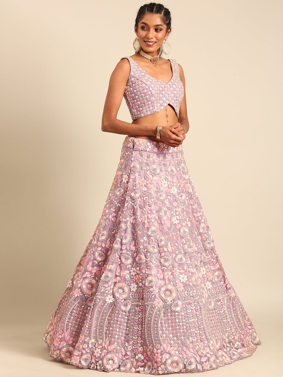 Women 's Mauve Net Multi Sequins with heavy Zarkan embroidery Ready to Wear Lehenga choli & Dupatta