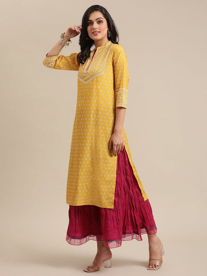 Women's Mustard Bandhej Printed Kurta With Pink Cord Pipen Detailing