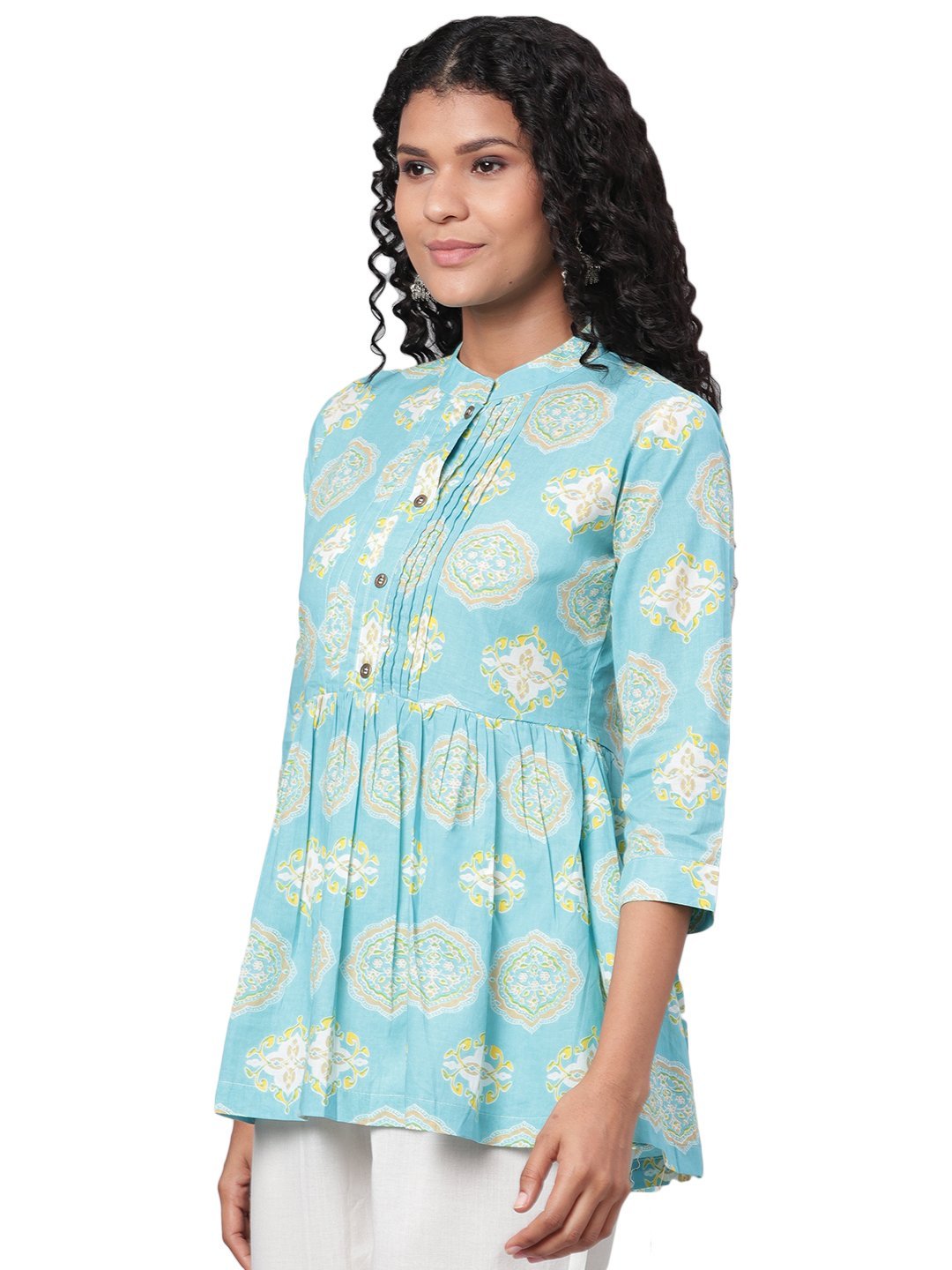 Women's Green Printed 3/4 Sleeve Coller Neck Cotton Casual Top
