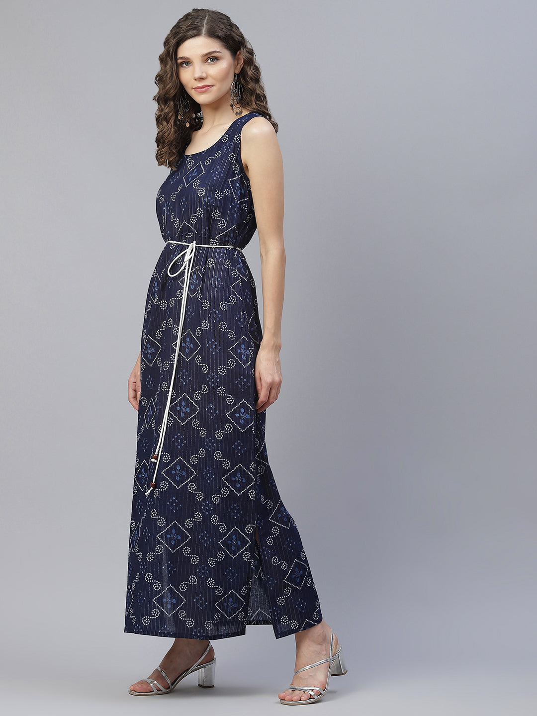 Women's Navy Blue Bandhani Print Maxi Dress