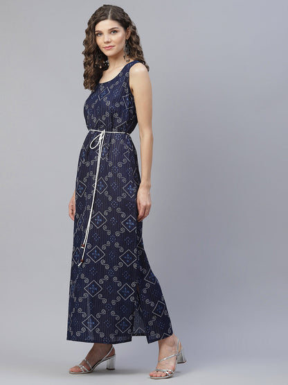 Women's Navy Blue Bandhani Print Maxi Dress