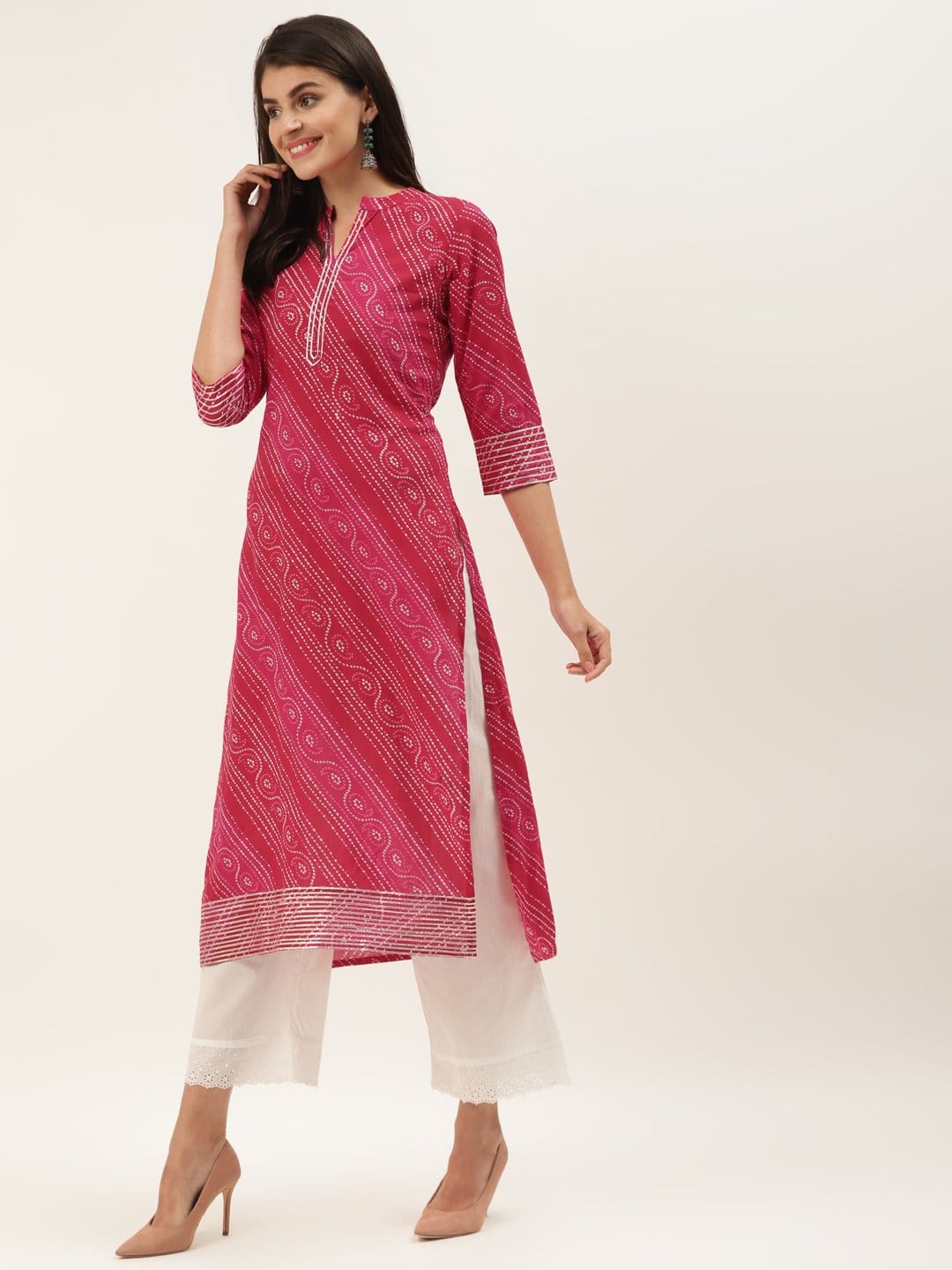 Women's Red And Fuchsia Bandhej Gota Work Straight Kurta