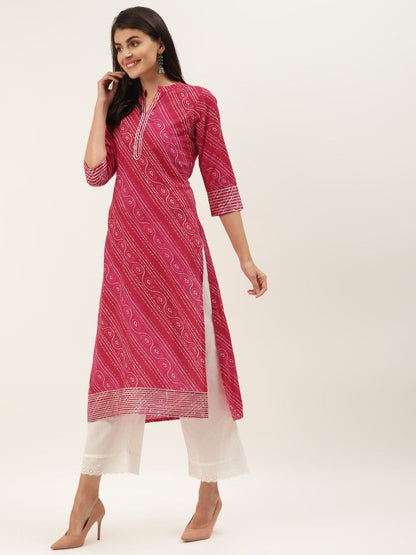 Women's Red And Fuchsia Bandhej Gota Work Straight Kurta