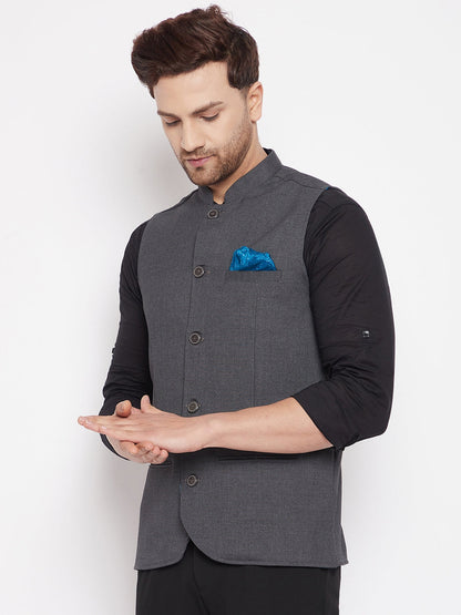 Men's Grey Color Nehru Jacket-Contrast Lining-Free Pocket Square