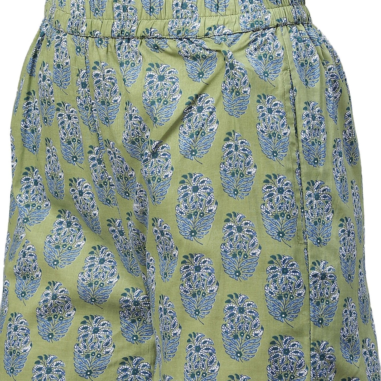 Women's Green Cotton Printed Sleeveless Round Neck Casual Kurta Pant Set